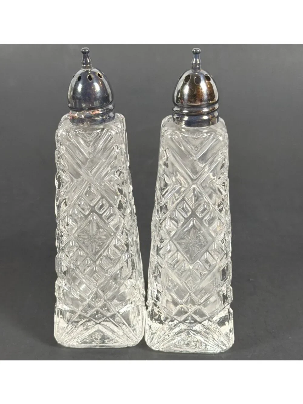 VTG 50s Crystal Salt Pepper Shakers Heavy Cut Glass Diamond Pattern AS IS Parts - Picture 14 of 14